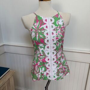 NWT Lilly Pulitzer Annabelle Top Hotty Pink Forgot My Trunks Floral Lace Trim 2